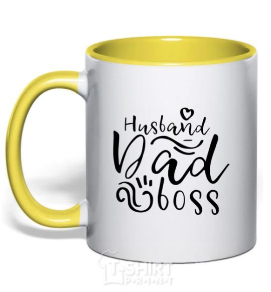 Mug with a colored handle Husband dad boss yellow фото