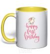 Mug with a colored handle Happy first birthday rabbit yellow фото