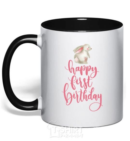 Mug with a colored handle Happy first birthday rabbit black фото