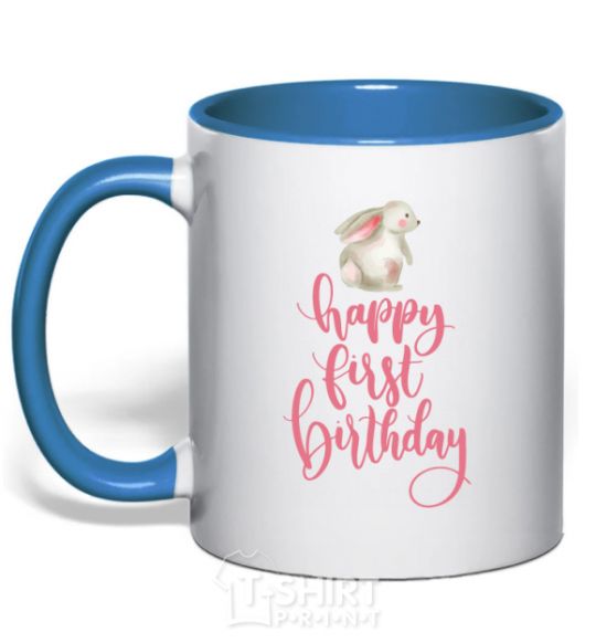 Чашка с цветной ручкой Happy first birthday rabbit Ярко-синий фото