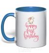 Mug with a colored handle Happy first birthday rabbit royal-blue фото