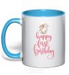 Mug with a colored handle Happy first birthday rabbit sky-blue фото