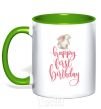 Mug with a colored handle Happy first birthday rabbit kelly-green фото