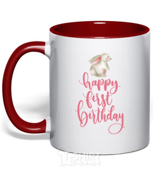 Mug with a colored handle Happy first birthday rabbit red фото