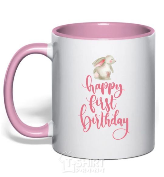 Mug with a colored handle Happy first birthday rabbit light-pink фото