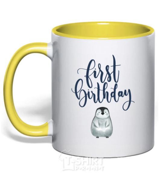 Mug with a colored handle First birthday penguin yellow фото