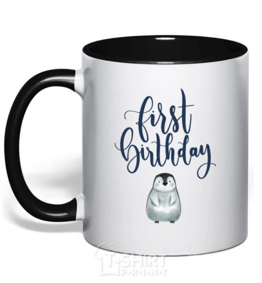 Mug with a colored handle First birthday penguin black фото