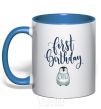 Mug with a colored handle First birthday penguin royal-blue фото