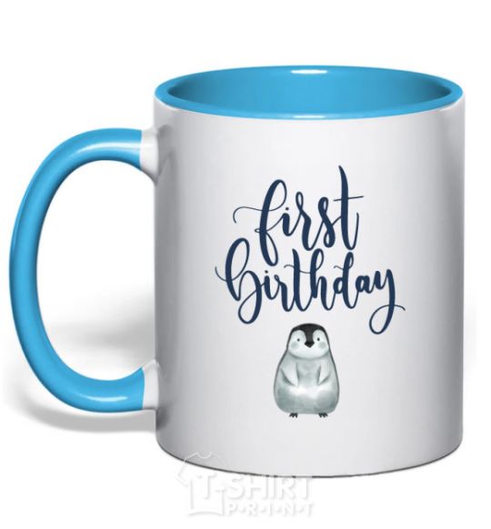 Mug with a colored handle First birthday penguin sky-blue фото