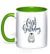 Mug with a colored handle First birthday penguin kelly-green фото