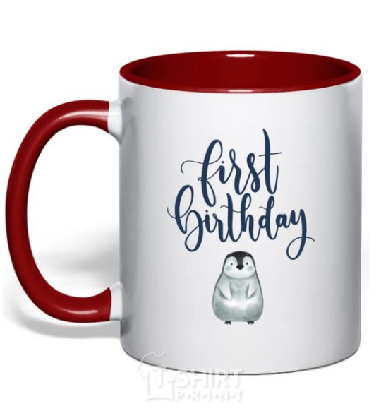 Mug with a colored handle First birthday penguin red фото