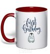 Mug with a colored handle First birthday penguin red фото