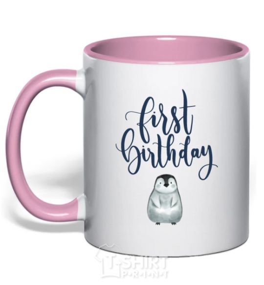 Mug with a colored handle First birthday penguin light-pink фото