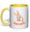Mug with a colored handle Bunny one year old Kira yellow фото