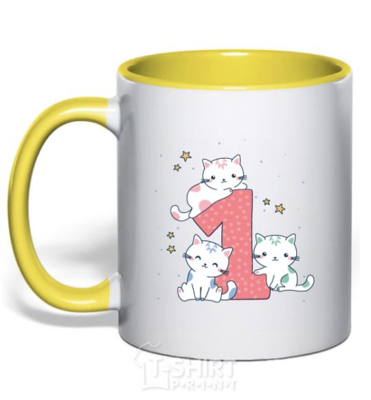 Mug with a colored handle One year old kitties yellow фото