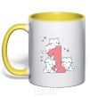 Mug with a colored handle One year old kitties yellow фото