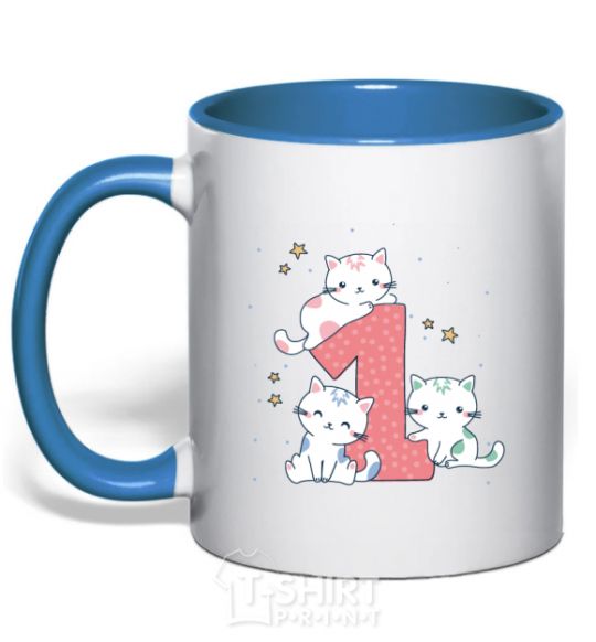 Mug with a colored handle One year old kitties royal-blue фото