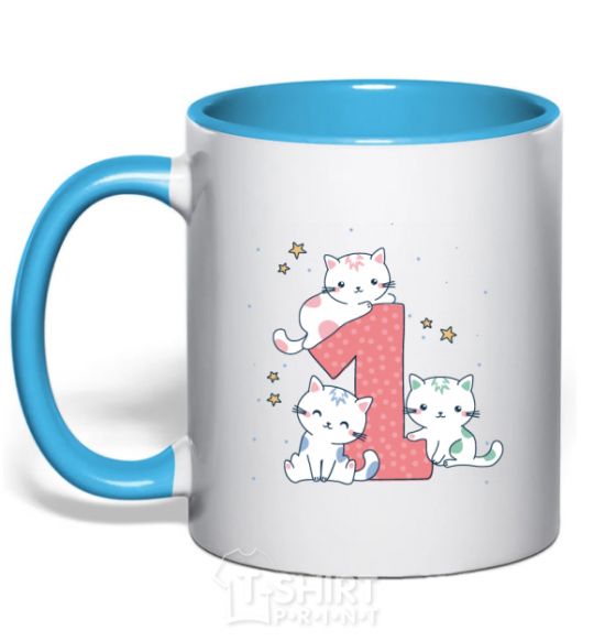 Mug with a colored handle One year old kitties sky-blue фото