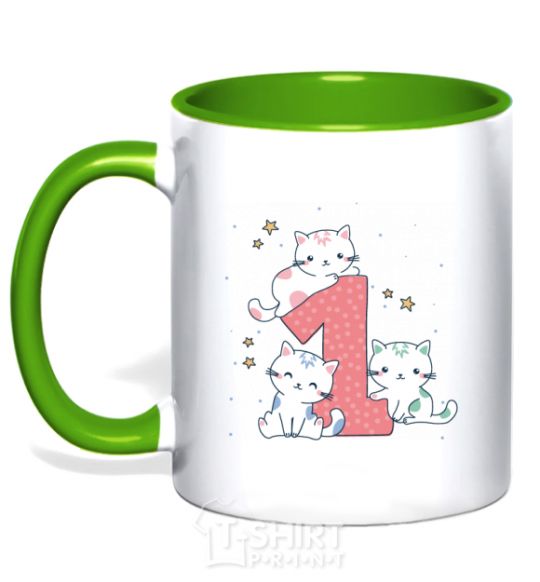 Mug with a colored handle One year old kitties kelly-green фото