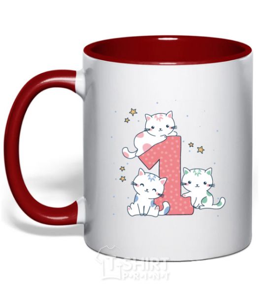 Mug with a colored handle One year old kitties red фото