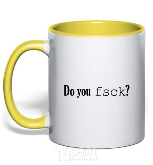 Mug with a colored handle Do you fsck? yellow фото