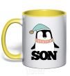 Mug with a colored handle Winter family son yellow фото
