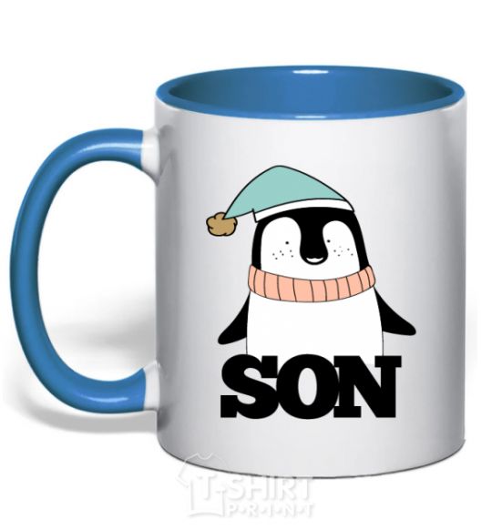 Mug with a colored handle Winter family son royal-blue фото