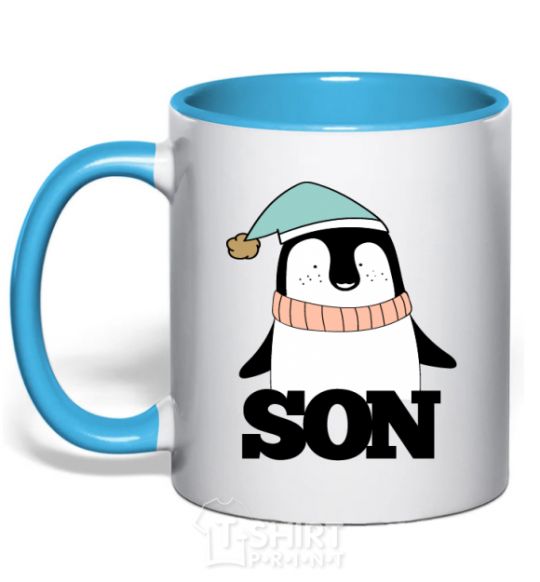 Mug with a colored handle Winter family son sky-blue фото