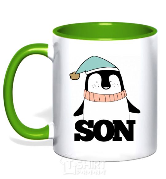 Mug with a colored handle Winter family son kelly-green фото