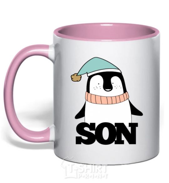 Mug with a colored handle Winter family son light-pink фото