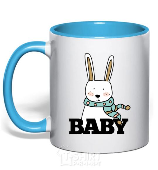 Mug with a colored handle Winter family baby sky-blue фото