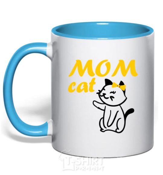 Mug with a colored handle Mom cat sky-blue фото