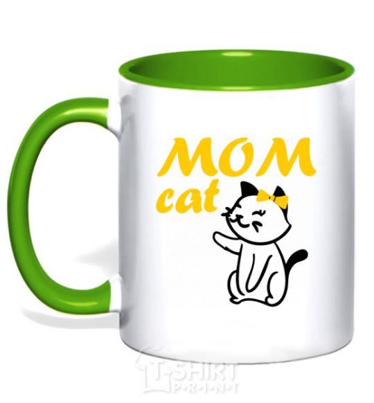 Mug with a colored handle Mom cat kelly-green фото