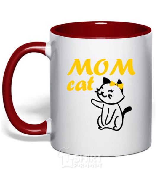 Mug with a colored handle Mom cat red фото