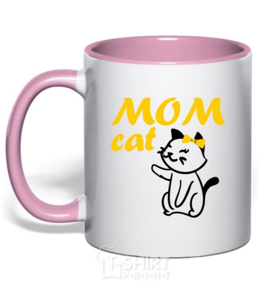Mug with a colored handle Mom cat light-pink фото