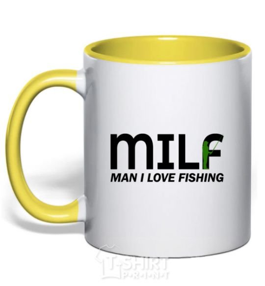 Mug with a colored handle Man i love fishing yellow фото