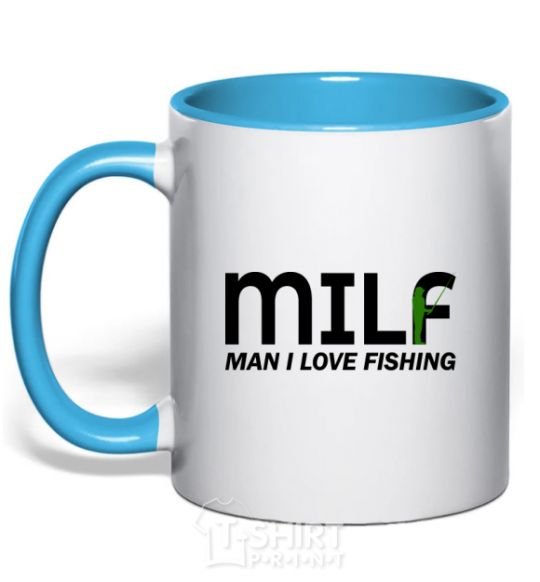 Mug with a colored handle Man i love fishing sky-blue фото