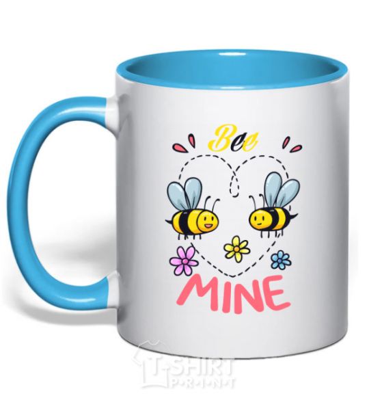 Mug with a colored handle Bee mine sky-blue фото