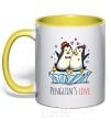 Mug with a colored handle Penguin's love yellow фото