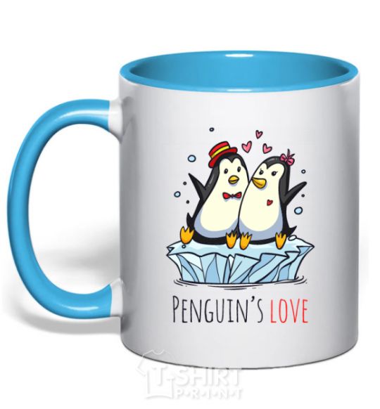 Mug with a colored handle Penguin's love sky-blue фото