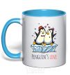 Mug with a colored handle Penguin's love sky-blue фото