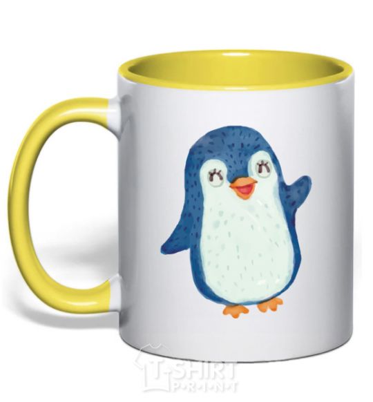 Mug with a colored handle Kid penguin yellow фото
