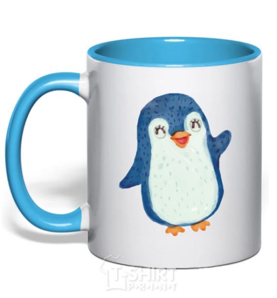 Mug with a colored handle Kid penguin sky-blue фото