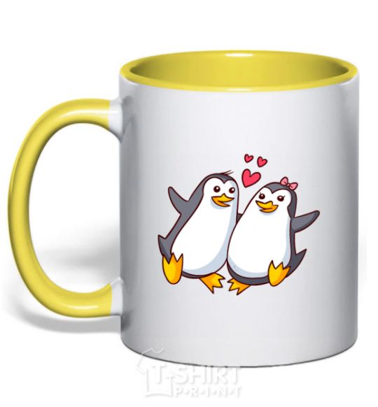 Mug with a colored handle A pair of penguins yellow фото
