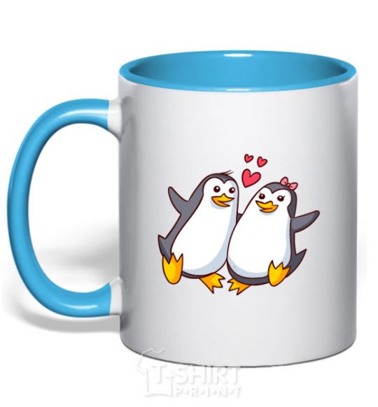 Mug with a colored handle A pair of penguins sky-blue фото