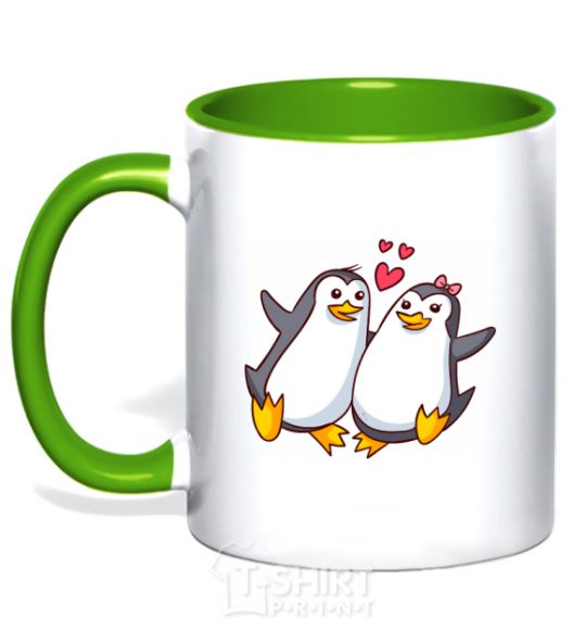 Mug with a colored handle A pair of penguins kelly-green фото