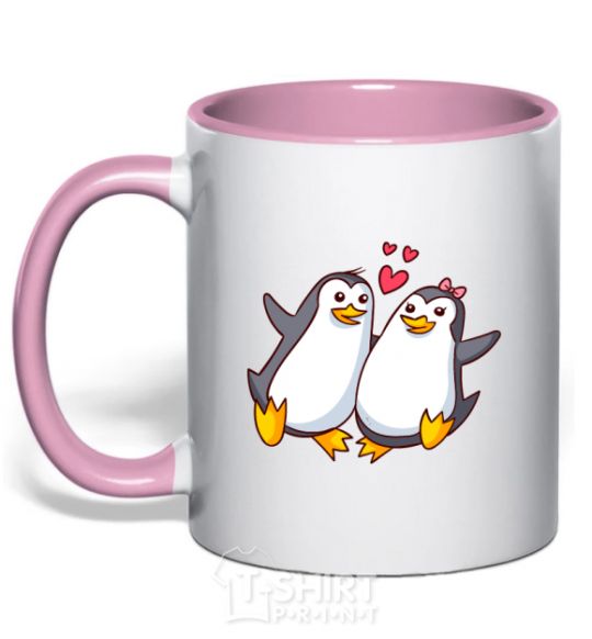 Mug with a colored handle A pair of penguins light-pink фото