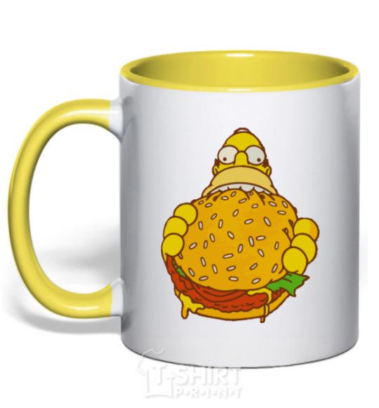 Mug with a colored handle Homer's eating a burger yellow фото