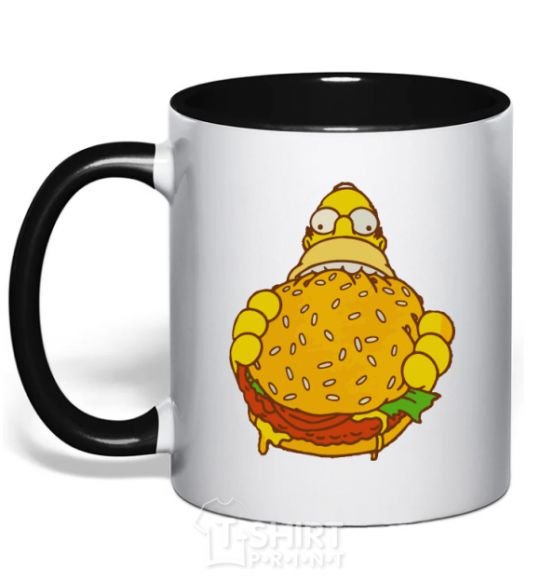 Mug with a colored handle Homer's eating a burger black фото