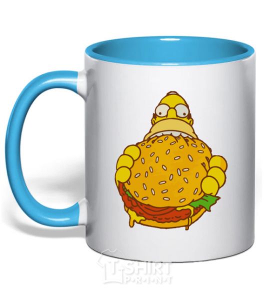 Mug with a colored handle Homer's eating a burger sky-blue фото